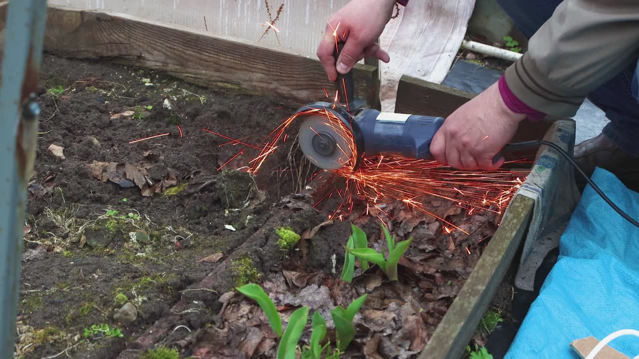 은 금속 온실을 자르는 각 도자기를 가진 손의 클로즈업입니다.