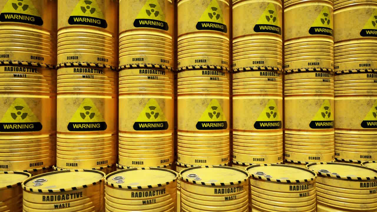 Dump Of Yellow And Black Barrels With Nuclear Radioactive Waste. Danger Of Radiation Contamination Of Industrial Containers. 3D Animation