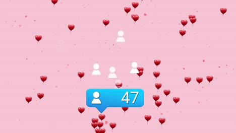 animación de iconas de corazones que caen y iconos de redes sociales sobre el rosa