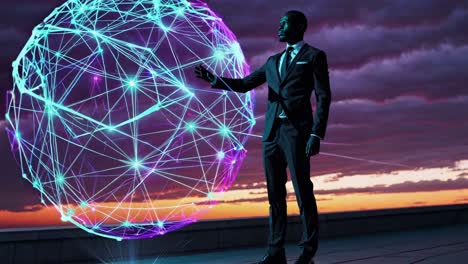 hombre de negocios interactuando con una red global al atardecer