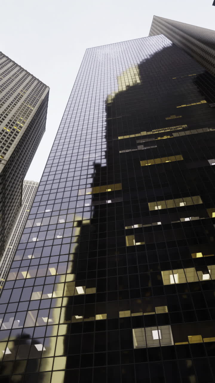 Skyscrapers create dramatic shadows in urban cityscape at dusk