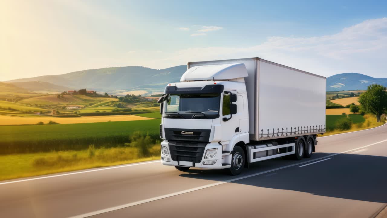 A white truck drives on a scenic highway, captured from a low-angle