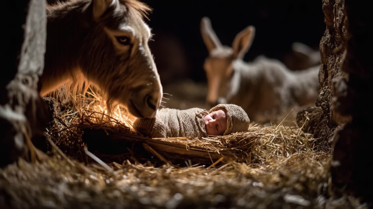 A Serene Moment of New Life: A Baby Nestled Among Gentle Animals in a Hay-filled Manger, Illuminated Softly by Natural Light