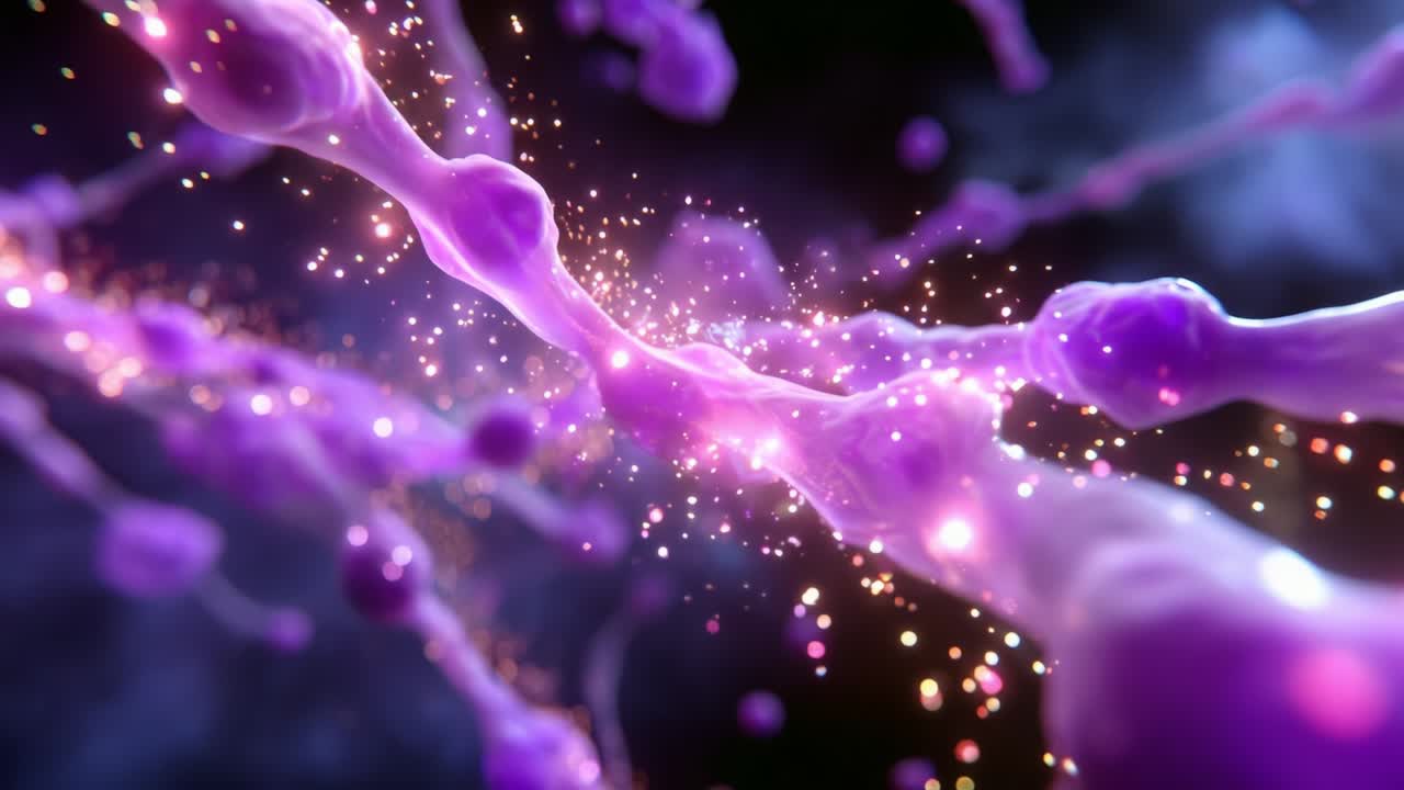 A vibrant visualization of interconnected neural pathways illuminated by glowing pulsating particles, showcasing a stunning abstract representation of synaptic connections in an ethereal digital realm