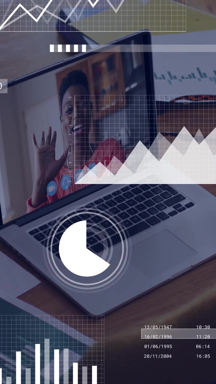 Vertical video: Woman on laptop smiling then waving, analytics call connecting, AR charts appearing