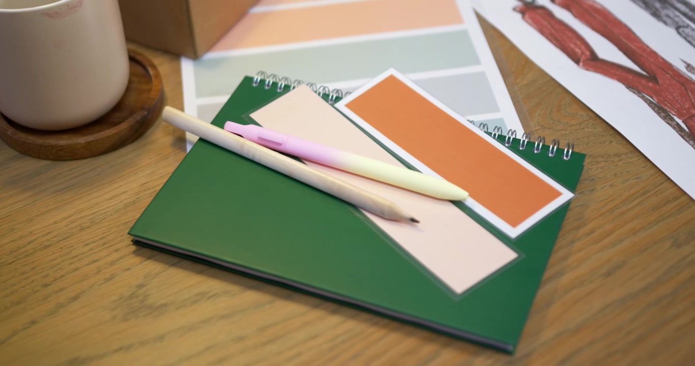 La cámara está cambiando el enfoque y centrando un cuaderno de espiral verde con bolígrafos en el escritorio para resaltar el diseño