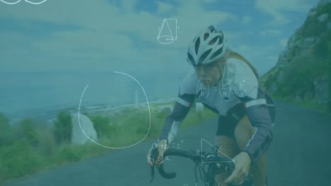 animation of mathematical equations over caucasian female cyclist riding a bicycle on the street