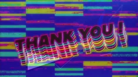 Digital-animation-of-neon-thank-you-text-banner-against-mosaic-squares-on-blue-background