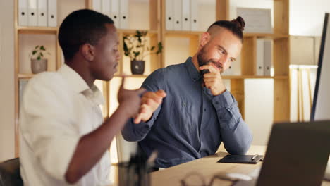 Fun-handshake,-office-and-men-coworking