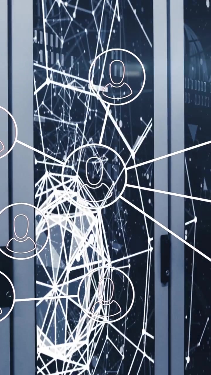 Animation of people icons and data processing over computer servers