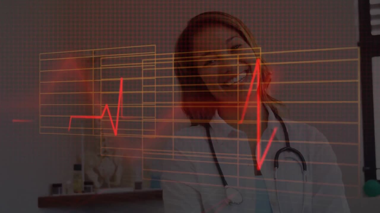 Monitor della frequenza cardiaca luminoso rosso e forme quadrate su sfondo del ritratto di una dottoressa con stetoscopio
