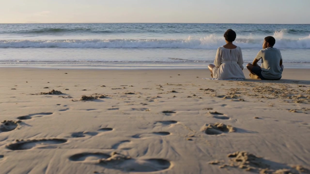 Walking companion joining seated woman watching waves at beach, white dress, footprints, copy space