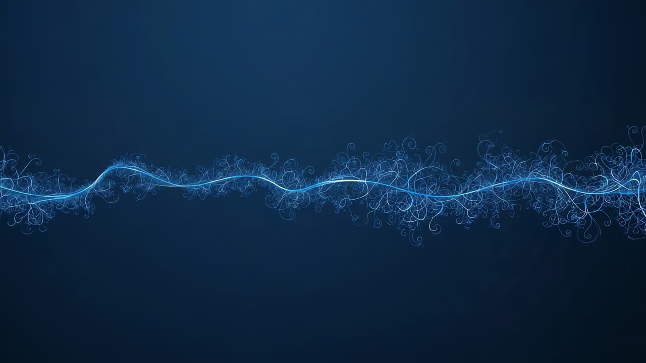 Playback animating neon blue wavy line pulsing and shifting on deep blue gradient, filigree decor