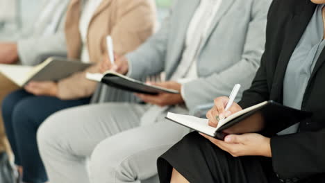 seminar, hands or business people writing notes