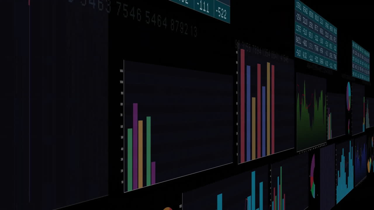 Animation of financial data processing over dark background