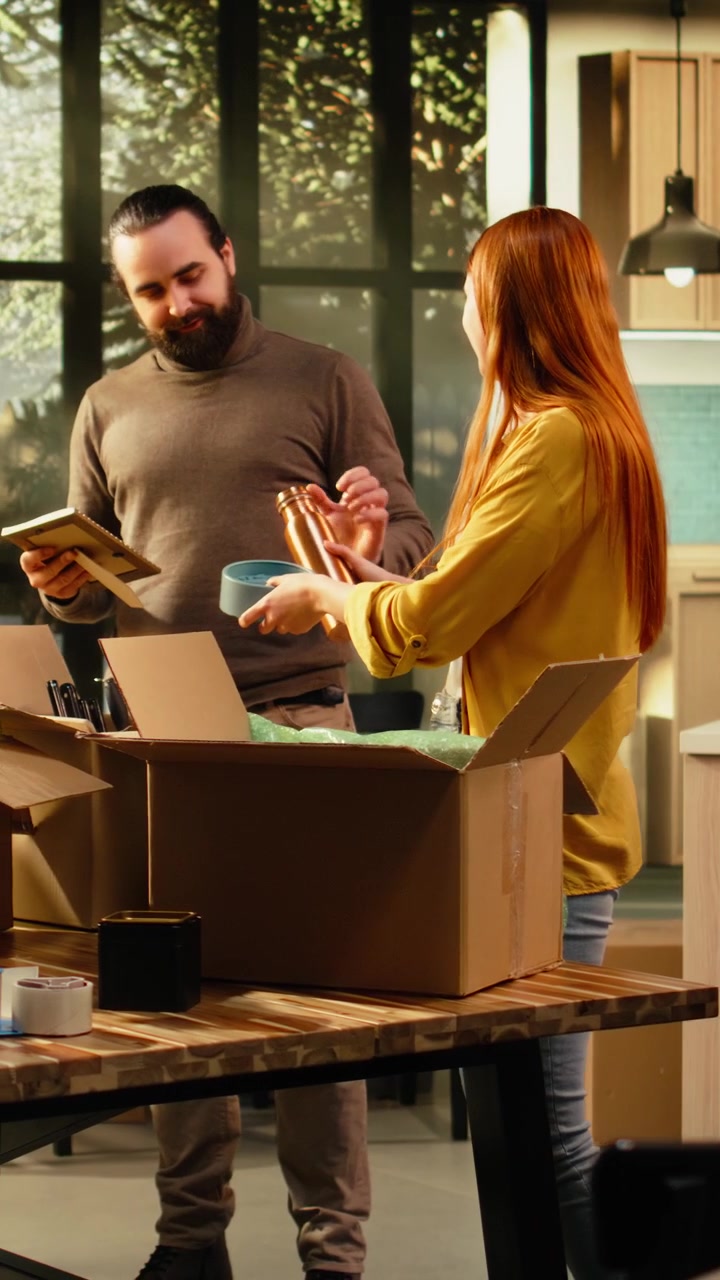 Vertical Video Wrapped furniture, unpacking household items, man and woman, relocation day