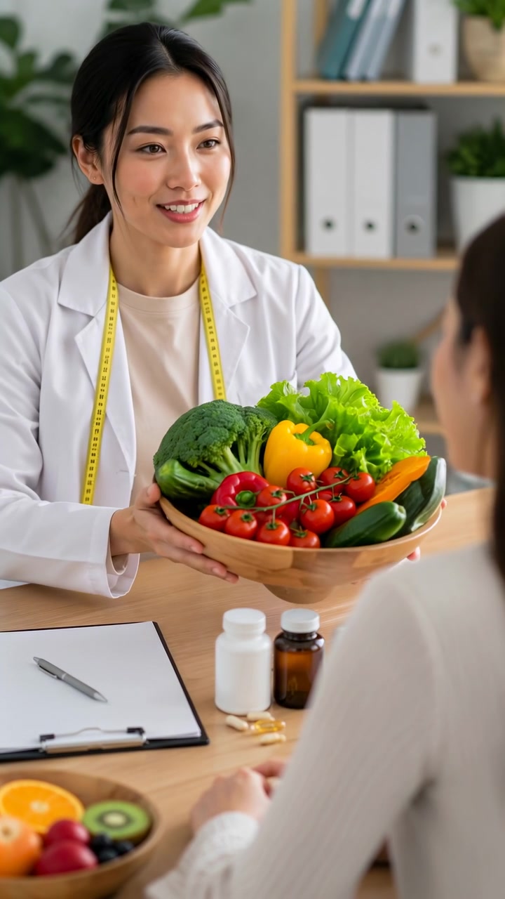 Una nutrizionista donna in camice bianco e con un metro a nastro giallo offre una ciotola di legno piena di broccoli, lattuga, peperoni, pomodori, cetrioli e prodotti freschi durante una consulenza con un cliente in un ambiente luminoso.
