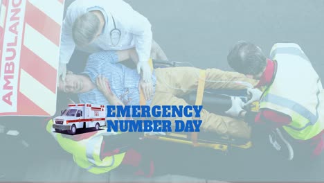 animation of emergency number day over diverse paramedics with patient and ambulance