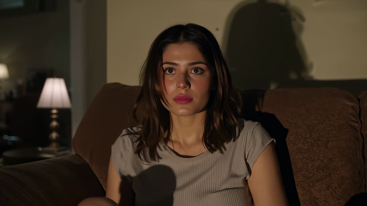 Reacting to lamp shadow shift, woman in light ribbed top lifting head, viewing smartphone on couch