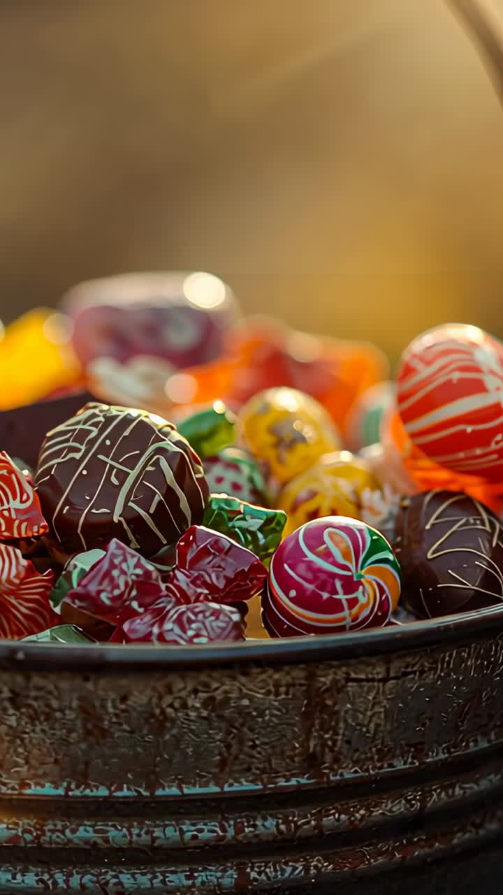 Vertical video: Camera starting on metal bucket of candies tilting up revealing handle over hills