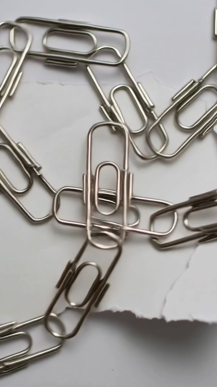 Vertical video: Sliding linked silver chain entering frame, forming cluster on torn white paper
