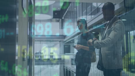 Animation-of-diverse-man-looking-at-smartwatch-and-woman-using-cellphone-while-waiting-for-elevator