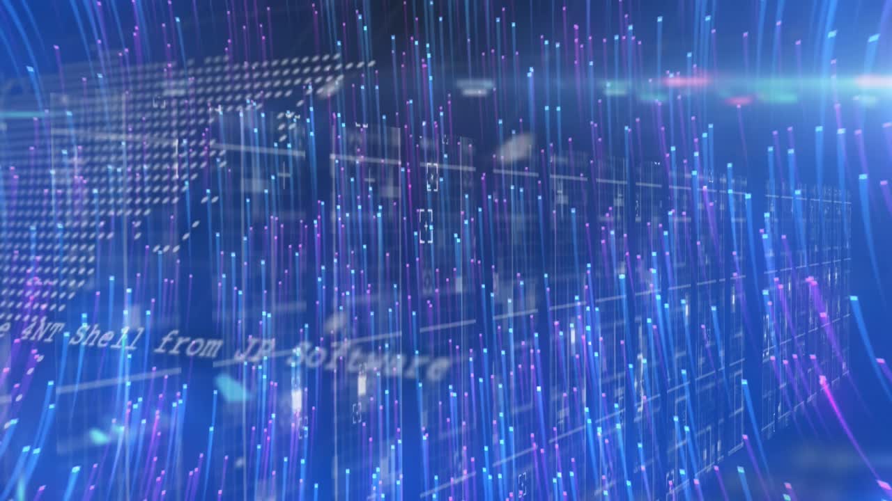 Animation of light trails over world map with data processing on black background