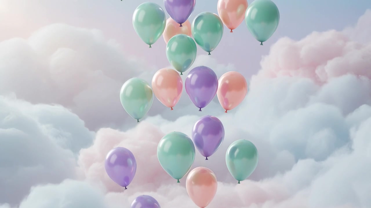 Drifting mint lavender peach balloons dropping through pastel clouds, driven by slight air currents