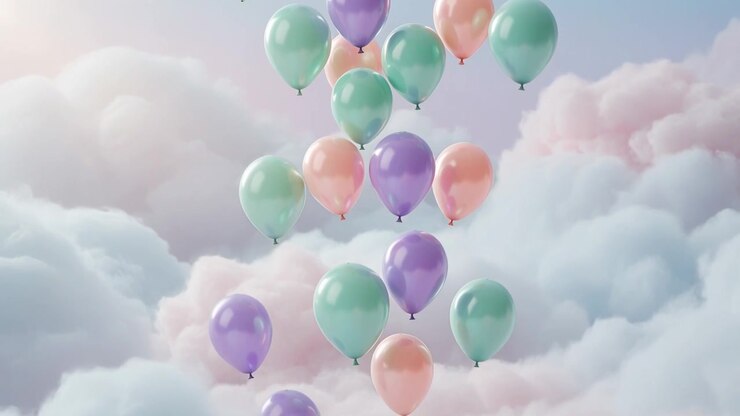 Drifting mint lavender peach balloons dropping through pastel clouds, driven by slight air currents