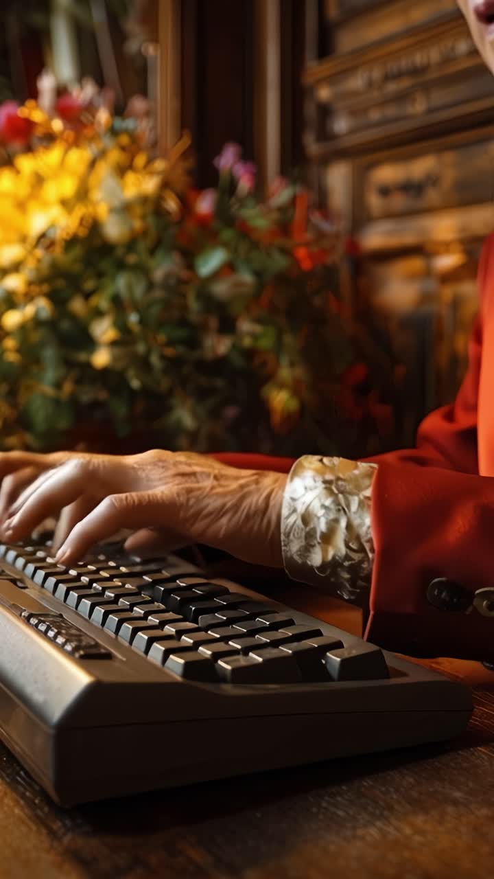 An elderly individual's hands gracefully type on a vintage keyboard surrounded by vibrant flowers in a warmly lit interior, reflecting a moment of creativity and nostalgia