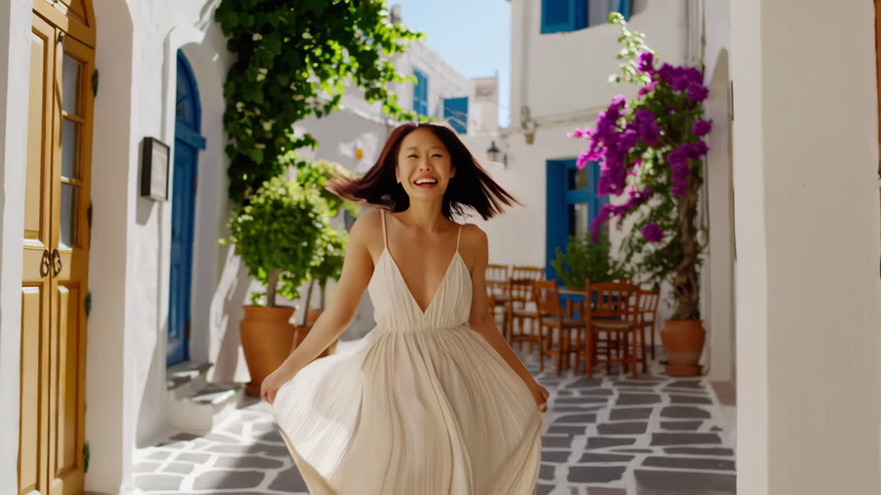 Woman walking through a charming Greek island alleyway