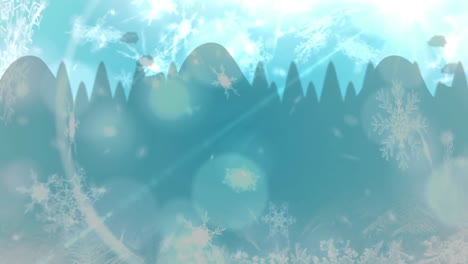 animation of christmas snow falling over christmas bauble decorations on blue background