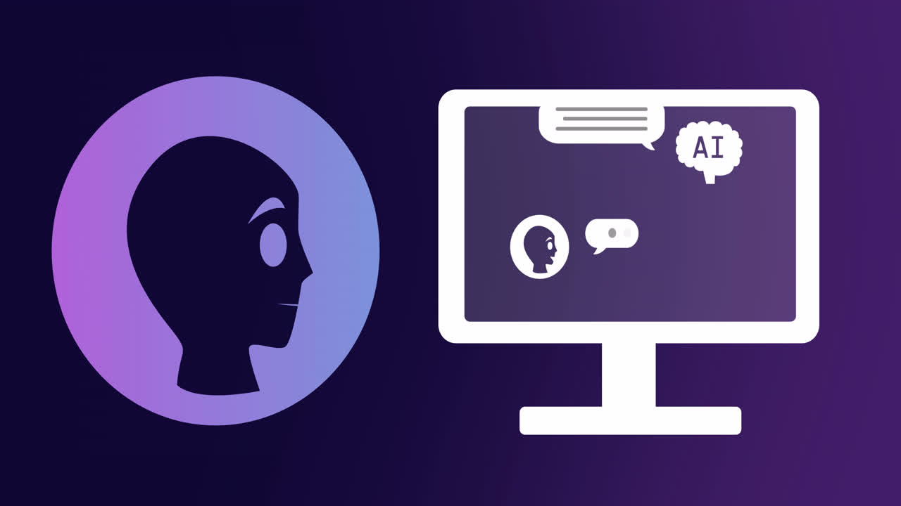 animación de todo el texto, los iconos y el procesamiento de datos sobre fondo púrpura