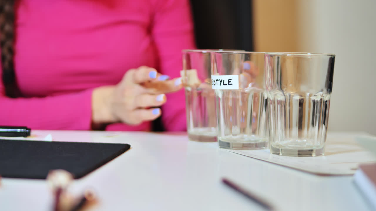 Close up of woman labeling glass cups representing creativity and home planning