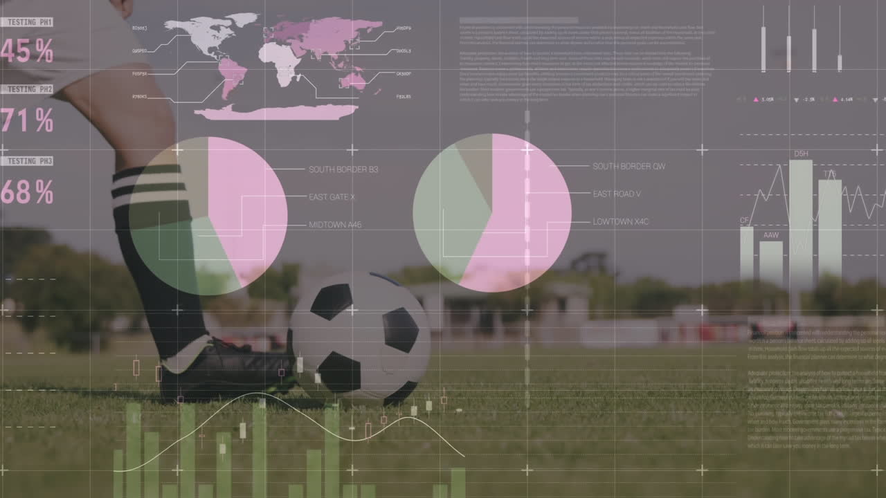 animación de una pantalla digital con datos sobre las piernas de una mujer caucásica pateando una pelota de fútbol