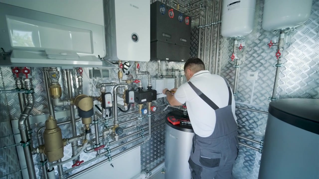 Tecnico professionista esegue manutenzione impianto di riscaldamento in locale tecnico