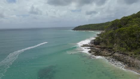 Noosa-Drone-Tea-Tree-Beach-on-a-sunny-day,-Australia