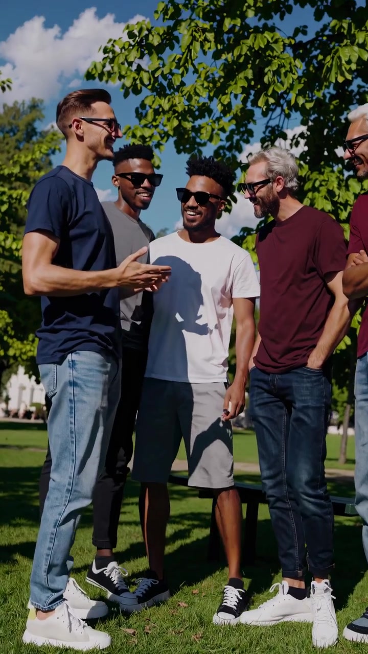 Mangfoldig gruppe mænd, der taler og griner i en solrig park
