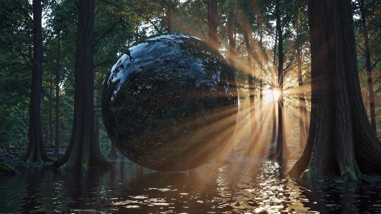Floating Reflective Sphere in a Sunlit Forest Swamp