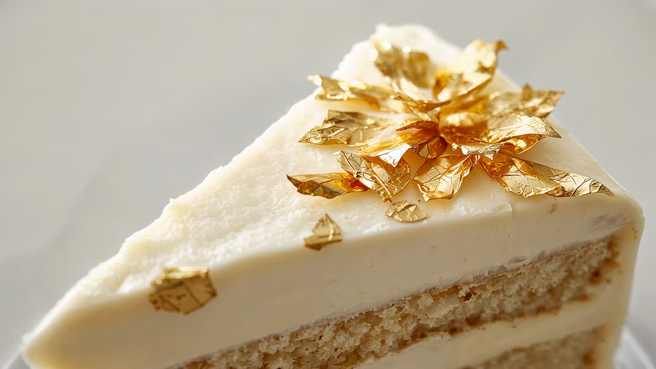 Pulling back camera revealing single two-layer cake slice on white plate, highlighting gold leaf