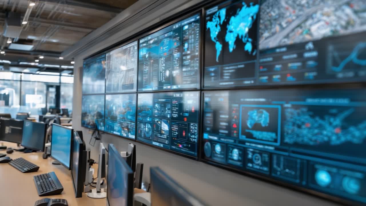Advanced Control Room Showcasing High-Tech Data Analytics and Real-Time Monitoring, Featuring Multiple Screens Displaying Interactive Maps and Dynamic Information Panels