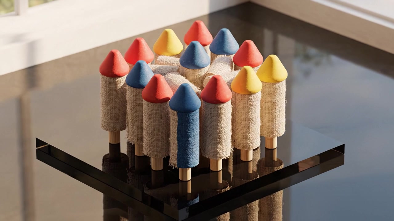 Disposición de estructuras de juguete coloridas sobre una superficie negra: una exhibición lúdica de formas geométricas con tapas en tonos rojos, azules y amarillos sobre bases de tela.