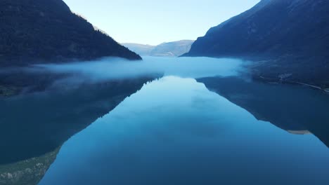 famous oldevatnet glacier lake in norway in early morning