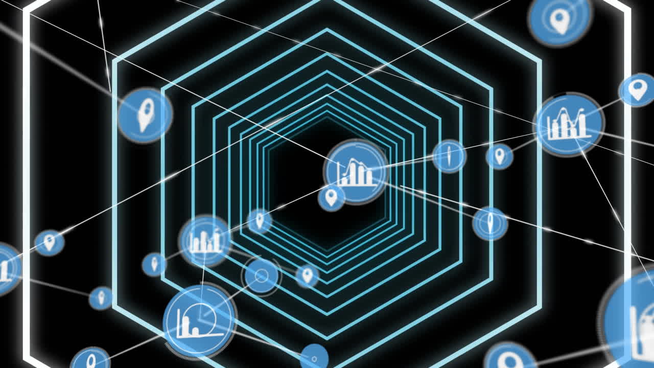 검은 바탕에 네온 녹색 빛나는 육각형 터널에 대한 디지털 아이콘의 네트워크