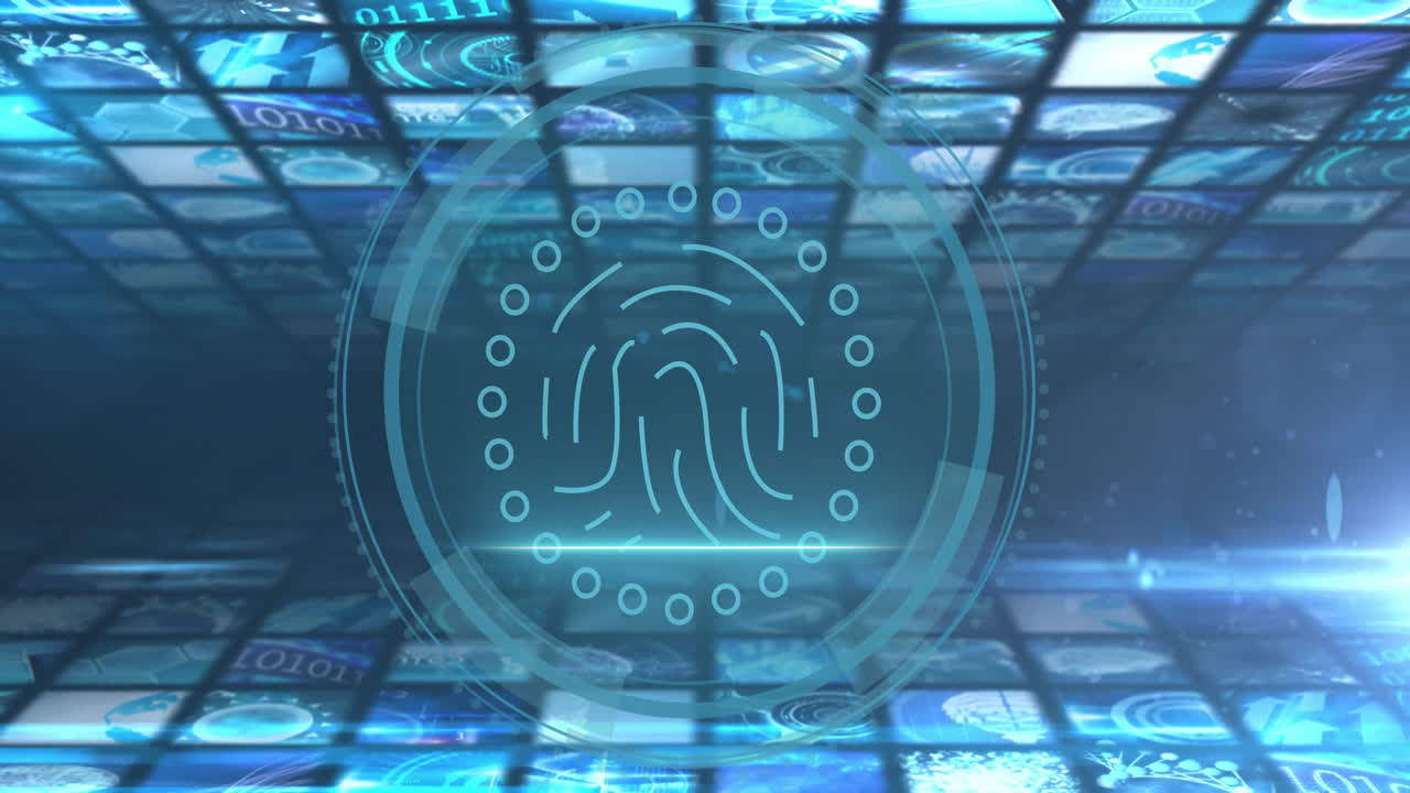 Animation of fingerprint with binary code in futuristic digital interface