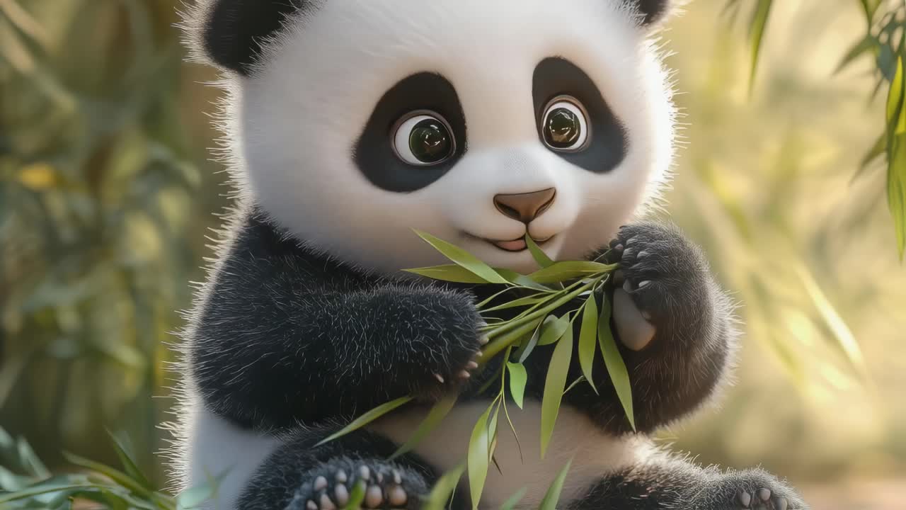 Cute Baby Panda Eating Bamboo
