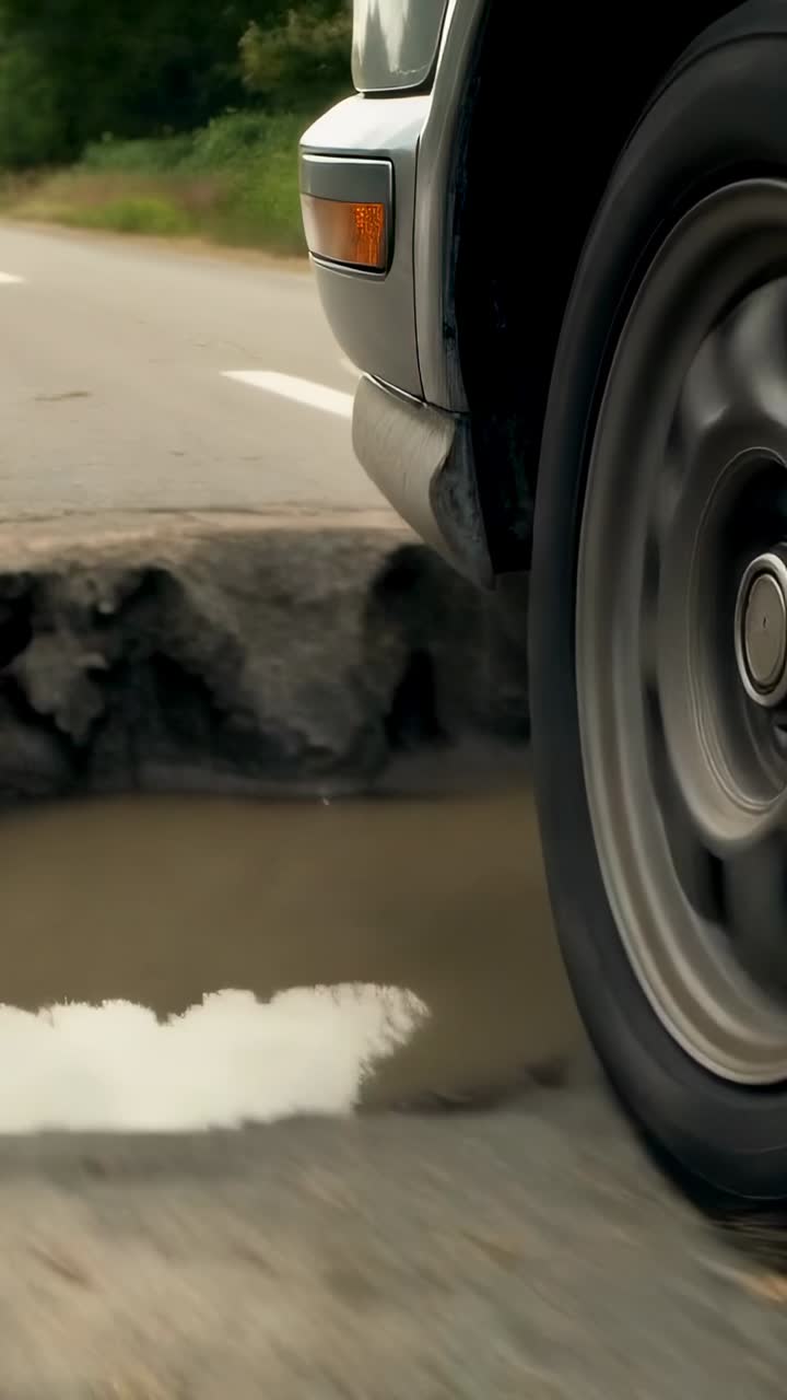 Vídeo vertical: neumático delantero rodando y golpeando un bache en una carretera rural, levantando grava, espacio para copiar