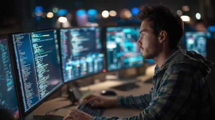 Focused Programmer Analyzing Code on Multiple Monitors in a Dark Environment, Showcasing the Intensity and Complexity of Software Development and Real-Time Data Monitoring