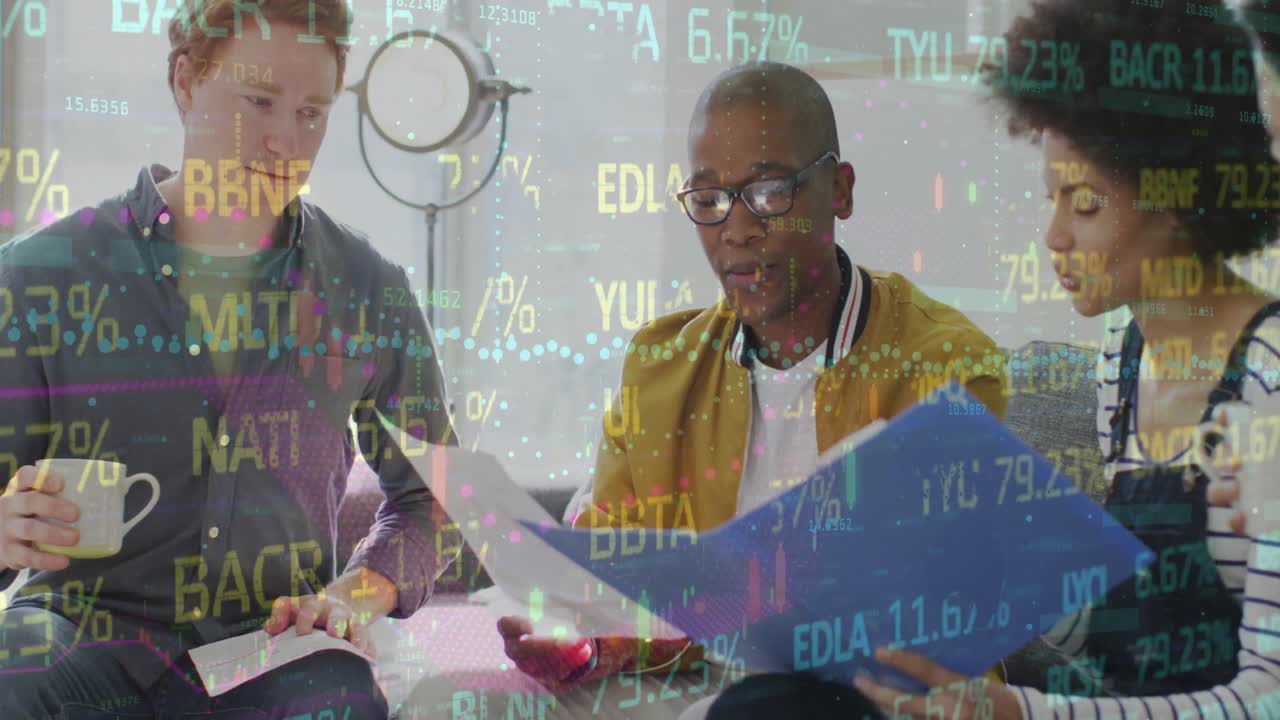 Animation of financial data and graphs over diverse female and male coworkers in office