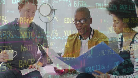 animation of financial data and graphs over diverse female and male coworkers in office